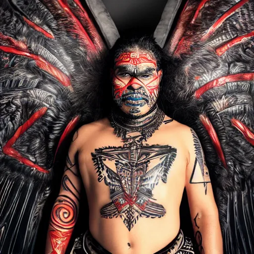 Image similar to editorial full body photo portrait of enormous Maori warrior with a mace and glowing tribal futuristic tattoos on his face, warrior body, feathers and paint, photo by mario testino, cinematic, hyper detailed, micro details, insanely detailed, trending on artstation,dark background, dramatic lighting, cinematic angle, concept art, insanely detailed and intricate