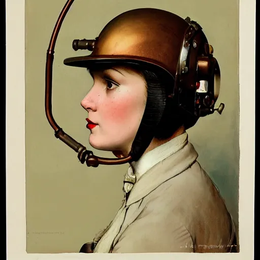 Prompt: frontal portrait of a woman with a steampunk helmet, by norman rockwell