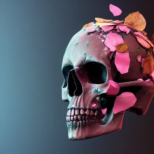 Image similar to obsidian skull surrounded by flower petals, octane render, trending on artstation