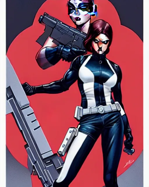 Image similar to phil noto comicbook cover art, artgerm, female domino marvel x - force, black circle spot right eye, symmetrical eyes, long red hair, full body, city rooftop