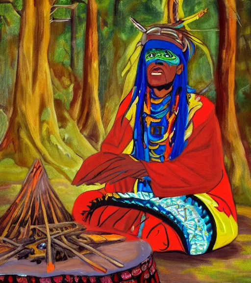 Prompt: Painting of a shaman dressed in a colorful traditional clothes. He is sitting in a forest next to a campfire, singing