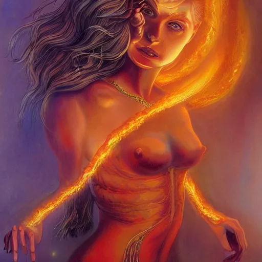 Image similar to A beautiful painting of a goddess with a body made of flames by Jim Burns, fantasy, UHD, Trending on artstation.