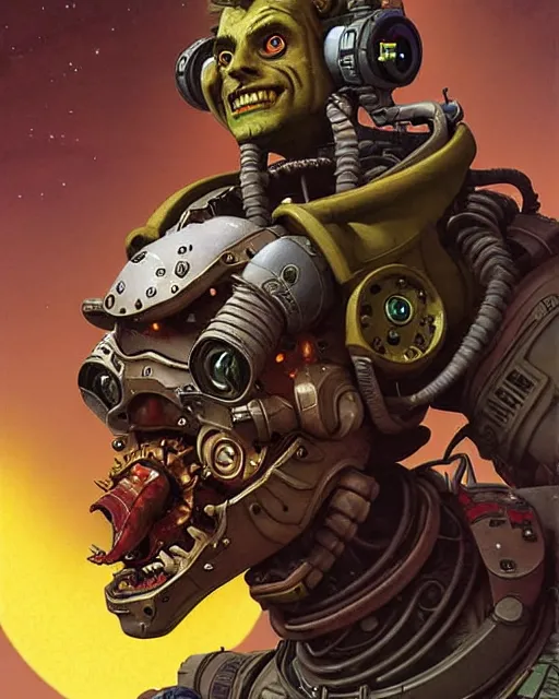 Image similar to junkrat from overwatch, slight smile, character portrait, portrait, close up, concept art, intricate details, highly detailed, vintage sci - fi poster, retro future, in the style of chris foss, rodger dean, moebius, michael whelan, and gustave dore