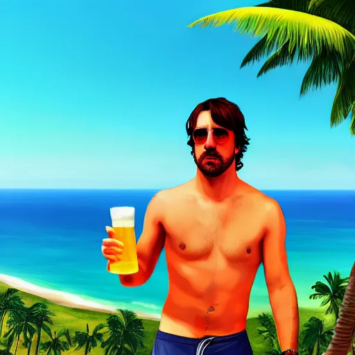 Prompt: Fernando Alonso on a tropical island, scenic view, holding a beer!!, digital art, gta 5 cover art, trending on artstation