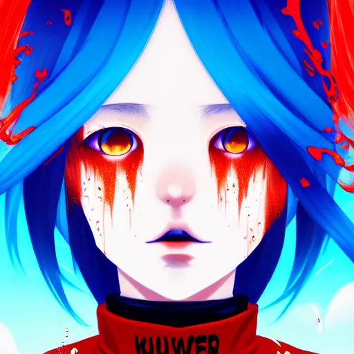 Image similar to red water swirling around rimuru tempest crying, enveloped in ghosts, sky blue straight hair, bangs, with amber eyes, black jacket, high collar, ultra fine detaile, dark theme, digital painting, psychedelic, cinematic, wlop, pixiv, ilya kuvshinov, ross tran