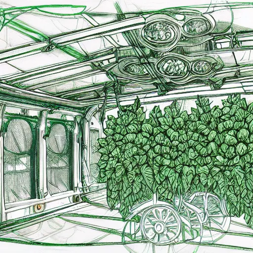 Image similar to annotated highly, detailed and intricate, sketch of the inside of a carriage cabin full of green green green plants, marker concept art style rendering, concept art, half blueprint, trending on artstation, intricate details, center frame, annotations