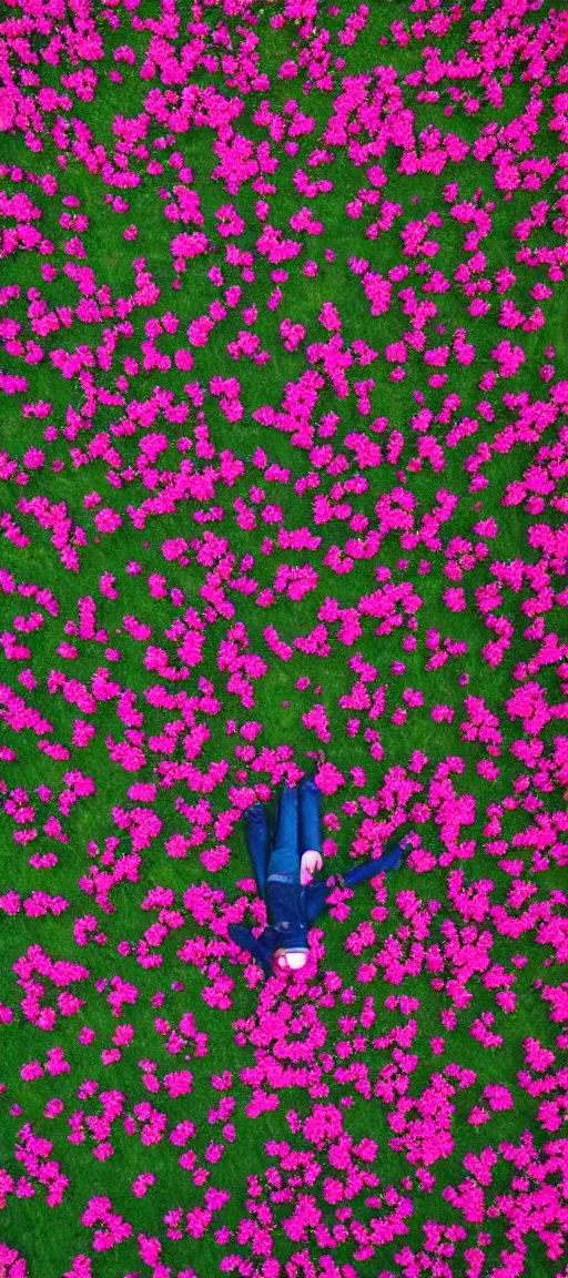 Image similar to aerial view photo of a guy laying in a field of flowers looking at the camera, pastel faded effect, synthwave colors, 8K