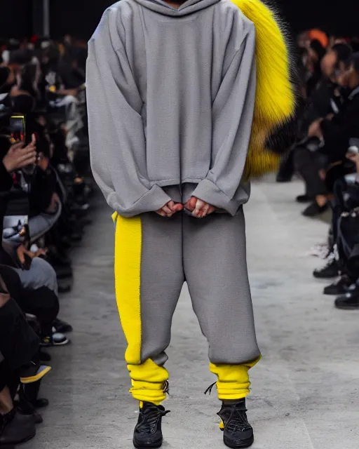 Image similar to hyperrealistic and heavy detailed 2321s Yeezy runway show of Pikachu , Leica SL2 50mm, vivid color, high quality, high textured