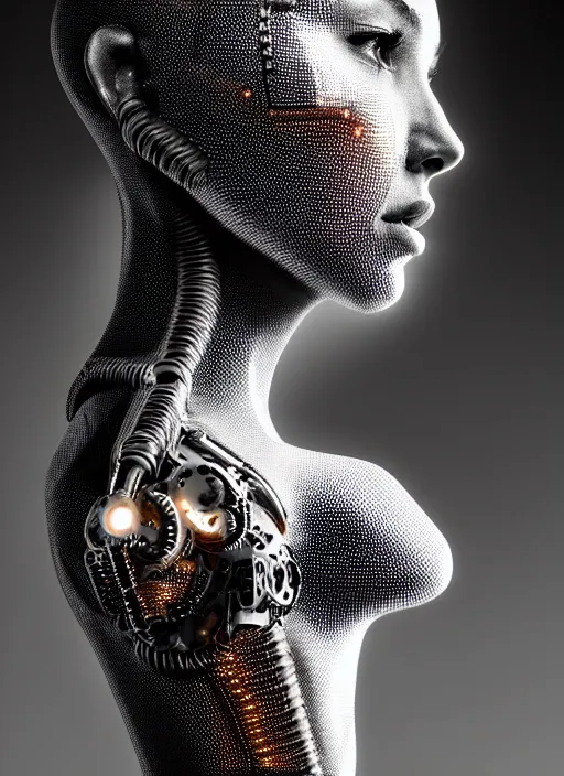 Image similar to a stunning young female cyborg profile face, face is made intricate tribal bio - mechanical, editorial photography, bw, shot on 7 0 mm, depth of field, f / 2. 8, high contrast, 1 6 k, rays of shimmering light, volumetric lighting, shiny, insanely detailed and intricate, hypermaximalist, elegant, ornate, hyper realistic, super detailed