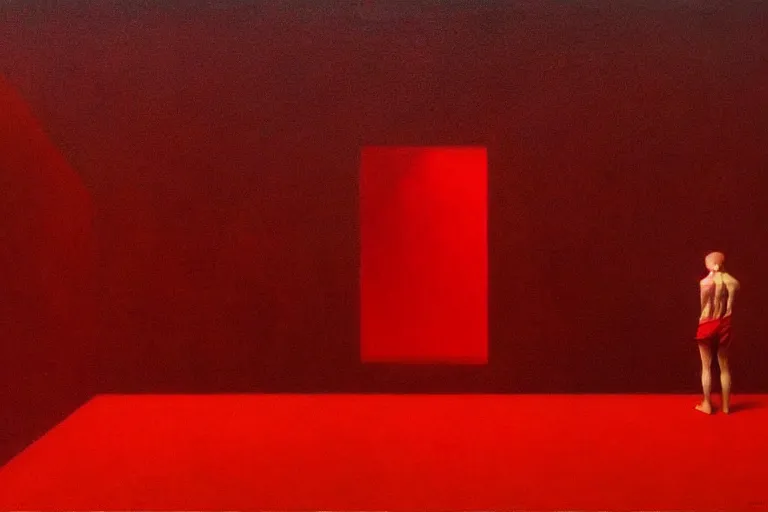 Prompt: only with red, a man falling down into the abyss with a clock on the wall ticking and music notes in the background, in the style of beksinski, parts by edward hopper, parts by rodcenko, parts by yue minjun, intricate composition by bosch, red by caravaggio, insanely quality, highly detailed, masterpiece, red light,