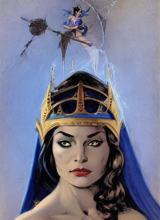 Prompt: mighty plump female sorceress, blue tiara, lightning strike above head, strong line, muted color, beautiful! coherent! by frank frazetta, by brom