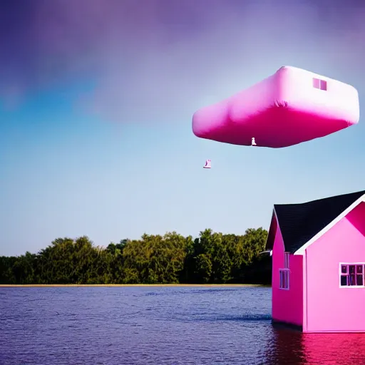 Image similar to a 5 0 mm lens photograph of a cute pink floating modern house, floating in the air between clouds, inspired by the movie up. mist, playful composition canon, nikon, award winning, photo of the year