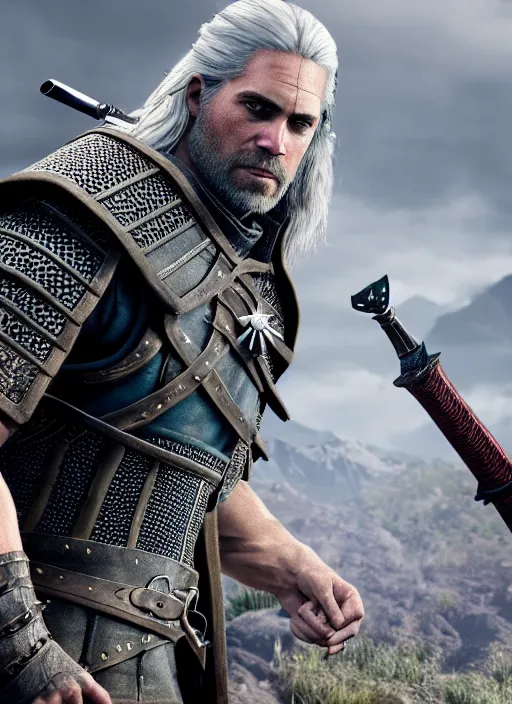 Prompt: film still of paul walker as geralt of rivia in the witcher 3, gameplay, 8 k, hd