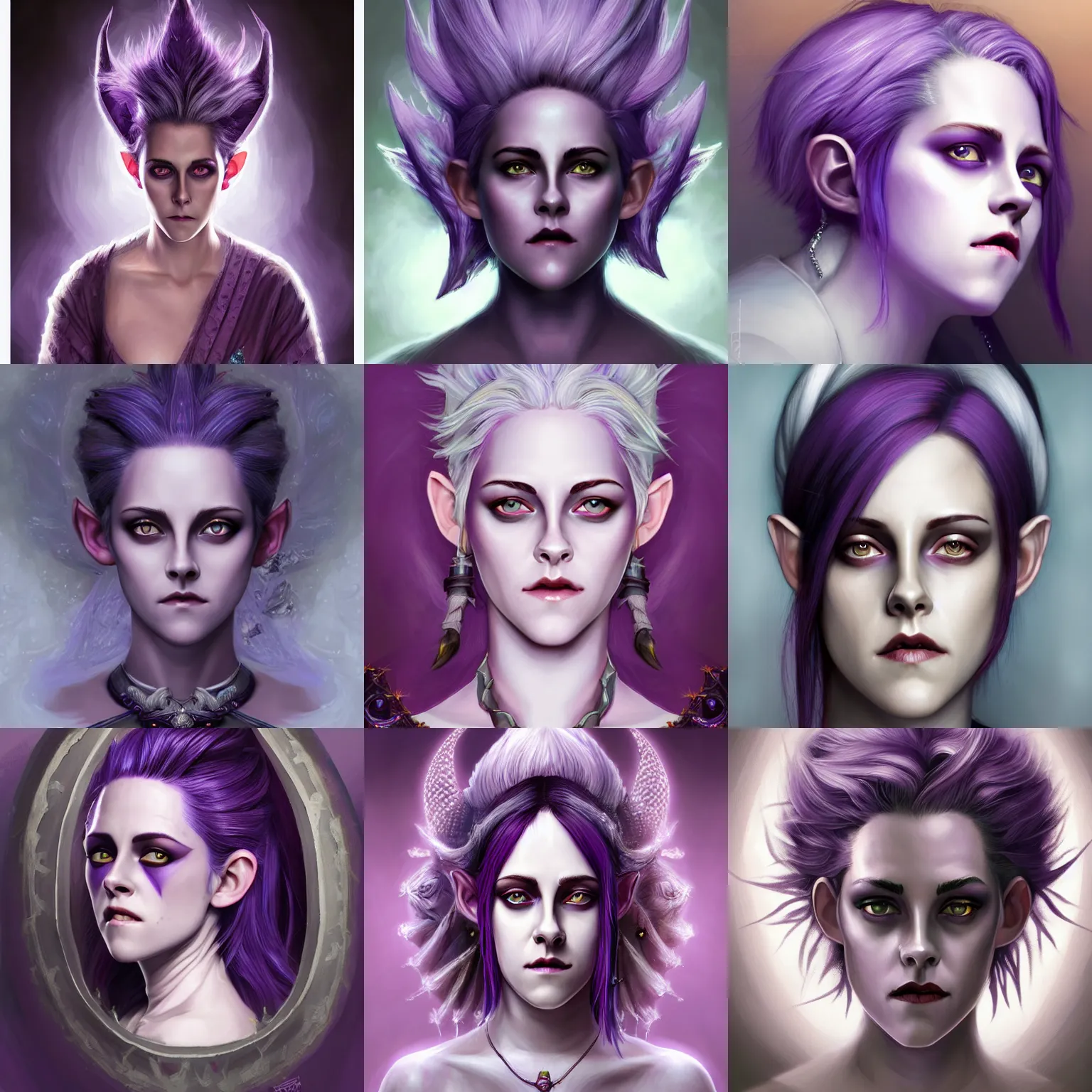 Prompt: head-on centered symmetrical painted portrait, Purple-skinned Kristen Stewart as a D&D wizard, dark purple skin, white hair, elf ears, fantasy, intricate, elegant, highly detailed, digital painting, smooth, sharp focus, illustration, dramatic lighting, artstation, in the style of Artgerm and Anna Podedworna and Alex Ross