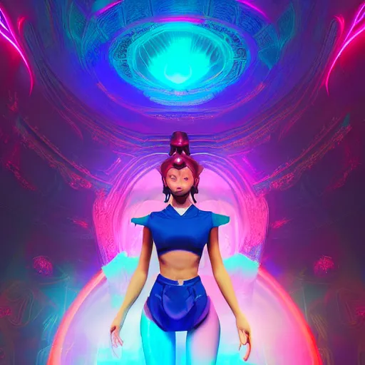 Prompt: long Shot of psychedelic Chun-Li standing in mysterious chromatic astral temple , stylish, lsd, soft, trending on artstation, cinematic, artwork by WLOP