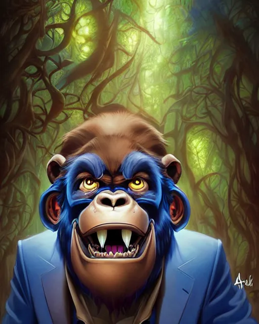 Image similar to don bluth, loish, artgerm, joshua middleton, steampunk, clockpunk anthropomorphic gorilla, full blue suit, smiling, symmetrical eyes symmetrical face, colorful animation forest background