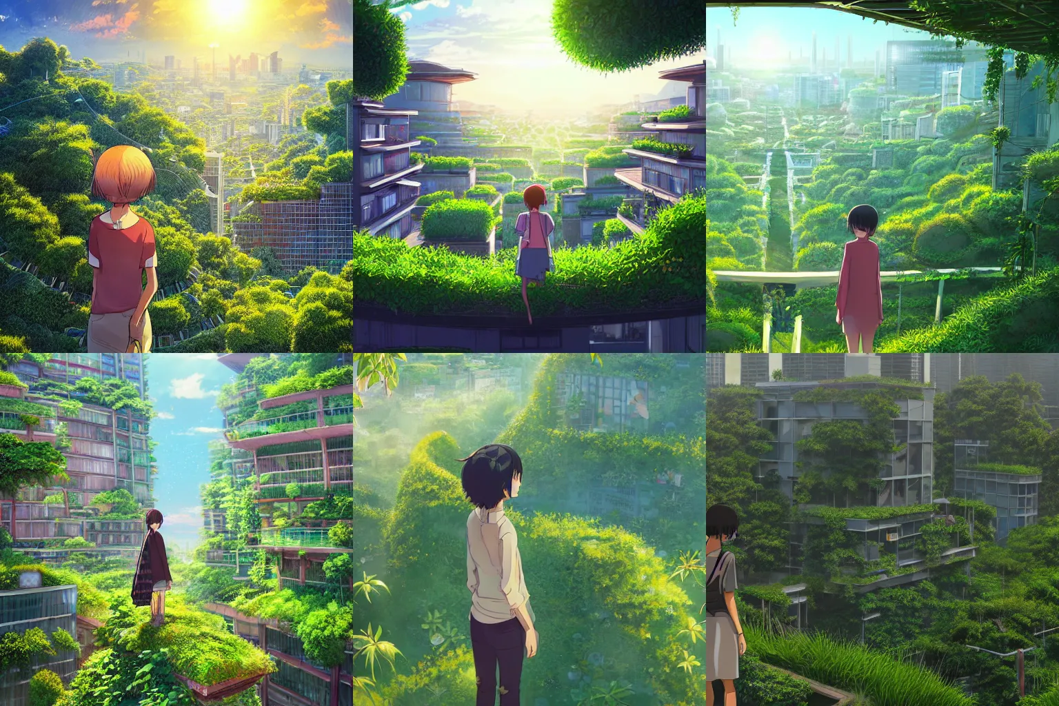 Prompt: highly detailed digital art of `🥑`standing on an overgrown rooftop looking into the lush solarpunk city below, sunshine, kimi no na wa, trending on artstation, tranquil, by ghibli