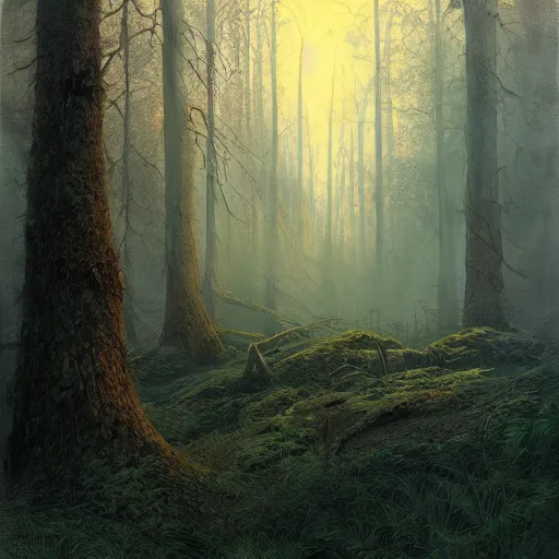 Image similar to a beautiful matte painting of a forest clearing at dawn, john howe, artstation