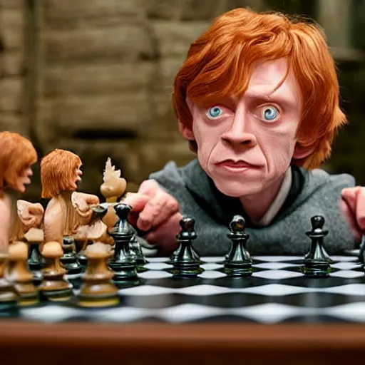Prompt: gollum as ron weasley chess scene