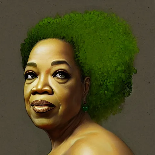 Image similar to a dish of oprah winfreys face fused with okra veg with green stalky ( ( green oprah winfrey's face ) ), oprah okra winfrey sentient veg, by greg rutkowski