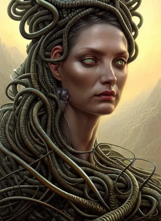 Image similar to closeup portrait shot of a medusa in a scenic dystopian environment, intricate, elegant, highly detailed, centered, digital painting, artstation, concept art, smooth, sharp focus, illustration, artgerm, tomasz alen kopera, peter mohrbacher, donato giancola, joseph christian leyendecker, wlop, boris vallejo