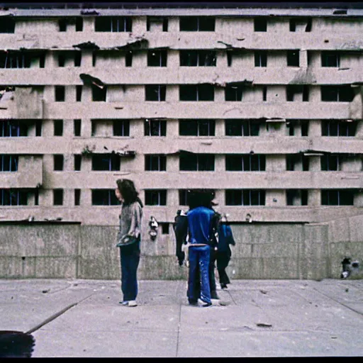 Prompt: brutalist buildings, rundown buildings, orwellian dystopia, totalitarian murals on building walls, hooligans with shaggy hair and blue suits, 1 9 7 1 cinematic, 8 mm photo lens, kodak