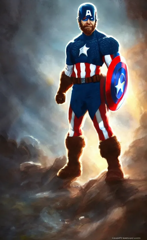 Image similar to bob ross as captain america, dynamic lighting, cinematic, ultra detailed, trending on art station, stunning visuals, creative, fantasy concept art