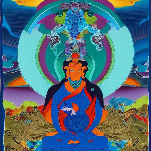 Image similar to thangka by kilian eng, by nele zirnite stormy. a painting of a man, with an animal skull for a head, & a large bird perched on his shoulder. the man is looking up at the bird with a fierce expression, & the bird is looking back at him with an equally intense gaze.