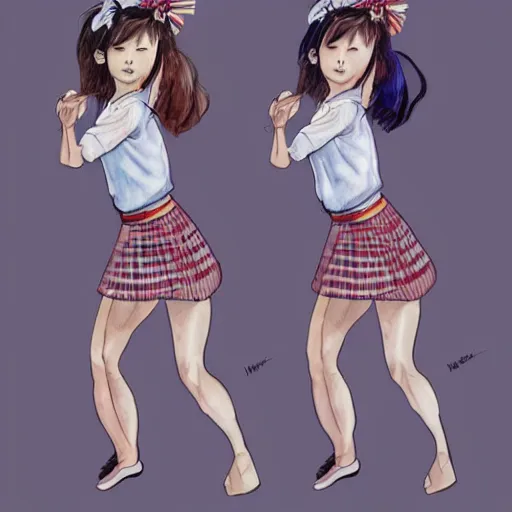 Prompt: a perfect, realistic professional digital sketch of a Japanese schoolgirls dancing, style of Marvel, full length, by pen and watercolor, by a professional American senior artist on ArtStation, a high-quality hollywood-style sketch, on high-quality paper