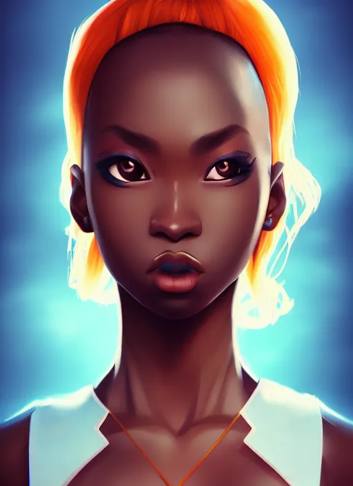 Prompt: attractive female portrait of african ninja, cloud background, uplight, symmetrical!!, anime, prism highlights, depth of field, cinematic, filmic, vsco, concept art, artstation, digital painting, elegant, epic, focus