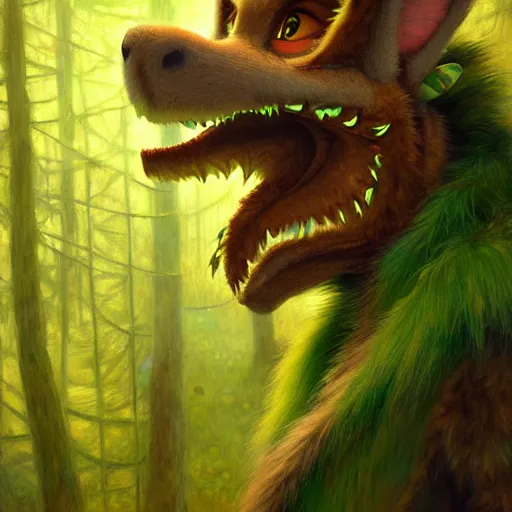 Image similar to a portrait of a male green furry dragon in hillbilly clothes at night in a dark forest. zootopia fursona furaffinity furry art detailed face painting by gaston bussiere craig mullins jc leyendecker gustav klimt artgerm greg rutkowski furry