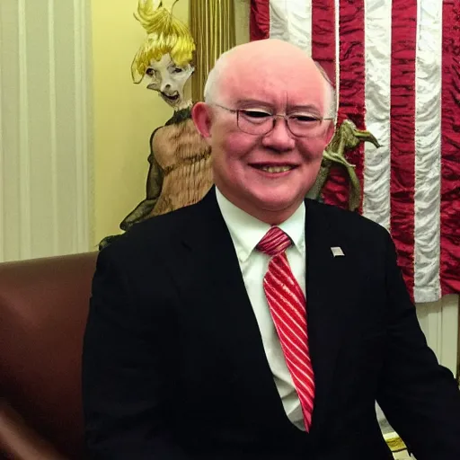 Image similar to president griffith from berserk by kentaro miura sitting at white house desk with american flag at his side