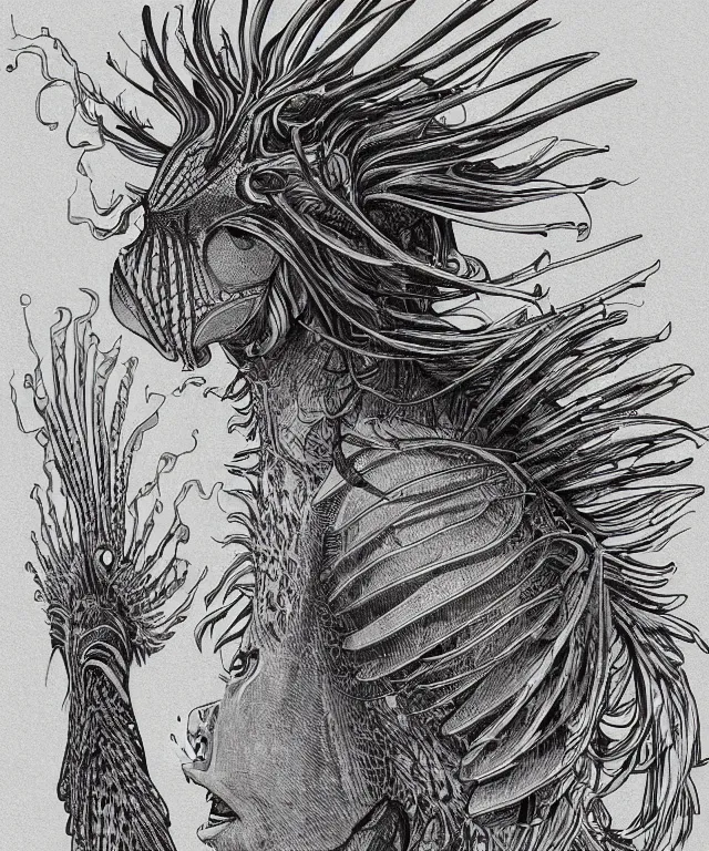 Image similar to the uneducated female anthropomorphic lionfish student. in the style of jean giraud in the style of moebius trending on artstation deviantart pinterest photorealistic hd 8 k highlights and shadow detailed high resolution