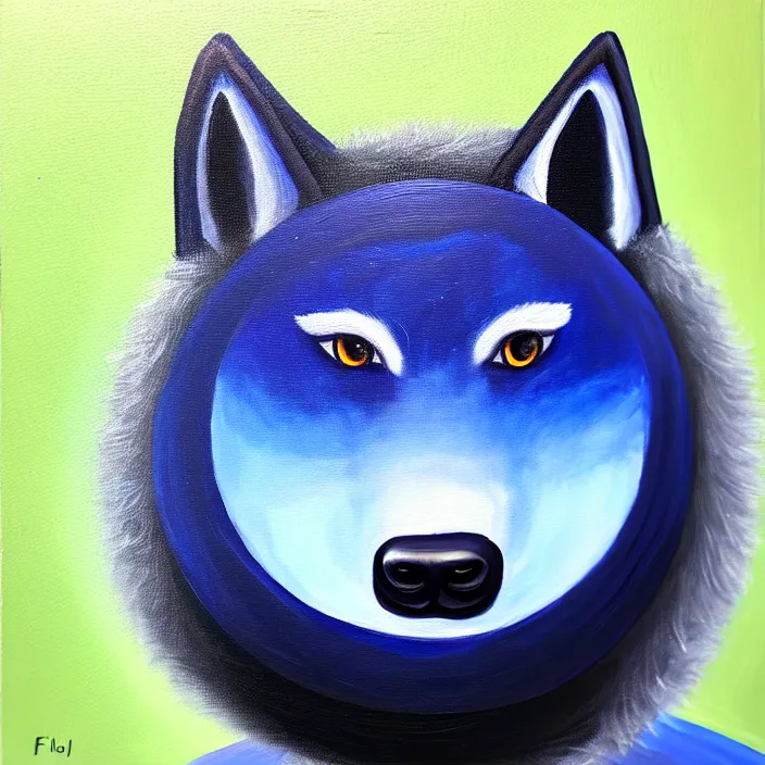 Image similar to a painting of a spherical indigo anthropomorphic male wolf, fursona, furry, round, cute, oil on canvas, soft textures