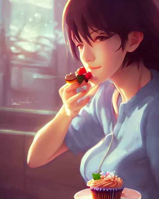 Prompt: a woman eating a cupcake, full shot, atmospheric lighting, detailed face, by makoto shinkai, stanley artgerm lau, wlop, rossdraws