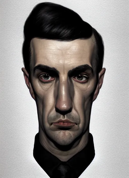 Image similar to portrait of a wide - faced man with a crooked nose and a confident expression, 1 9 6 0 s, black clothes, goth, punk, funk, intricate, elegant, highly detailed, digital painting, artstation, concept art, smooth, sharp focus, illustration, art by wlop, mars ravelo and greg rutkowski