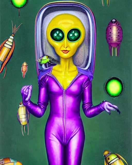 Prompt: portrait, headshot, pulp illustration by Laurie Lipton, of beautiful lady alien extraterrestrial with iridescent faceted bug eyes, yellow feathered antennae coming out of her head, dark green and yellow mottled skin, sexy skintight pink and silver spacesuit, standing in front of a spacecraft near a lake, scifi, futuristic, realistic, hyperdetailed, chiaroscuro, concept art, art by gil elvgren, by Robert McGinnis