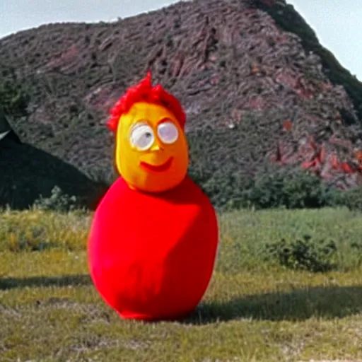 Prompt: film still of the rock in a tomato costume