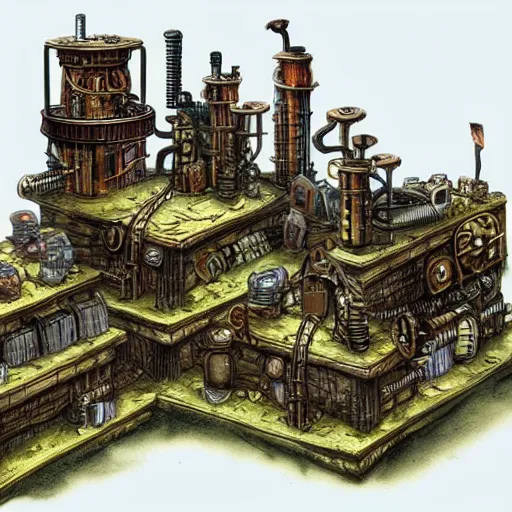 Image similar to steampunk fantasy city built into the side of a mountain, in three levels. the ground level is an industrial area with smokestacks and factories. the upper levels are residential. d & d art style