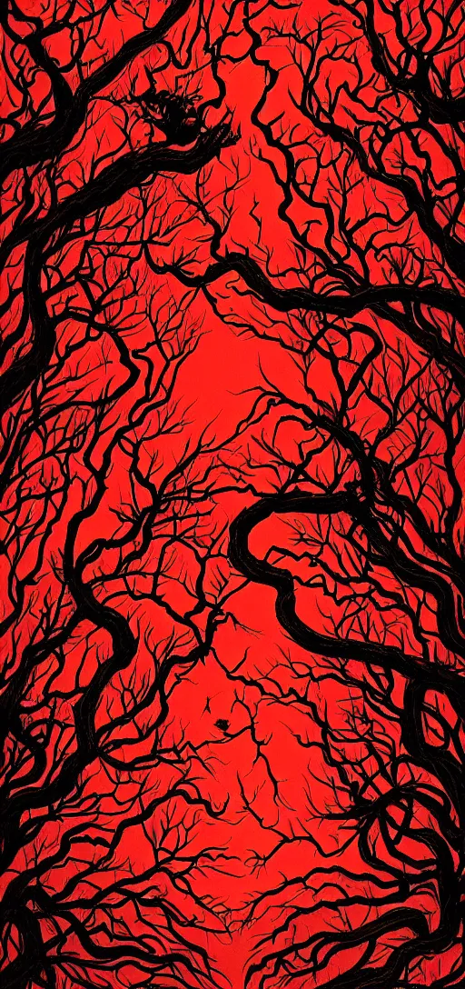 Prompt: demon heads and red trees by aaron boyd