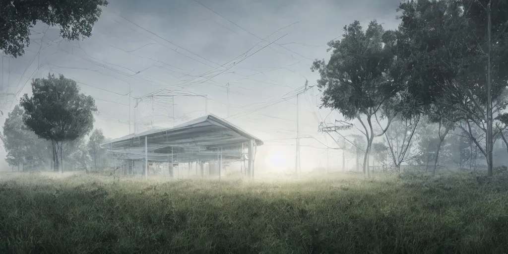 Prompt: large white sci-fi building with power lines running to it, next to farm fields and trees, art station, digital art, art station, volumetric lighting, extremely detailed, trending