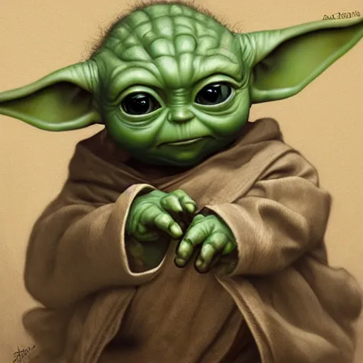 Image similar to baby yoda in the role of frodo bagging, intricate, elegant, highly detailed, digital painting, artstation, concept art, smooth, sharp focus, illustration, art by artgerm and greg rutkowski and alphonse mucha and william - adolphe bouguereau