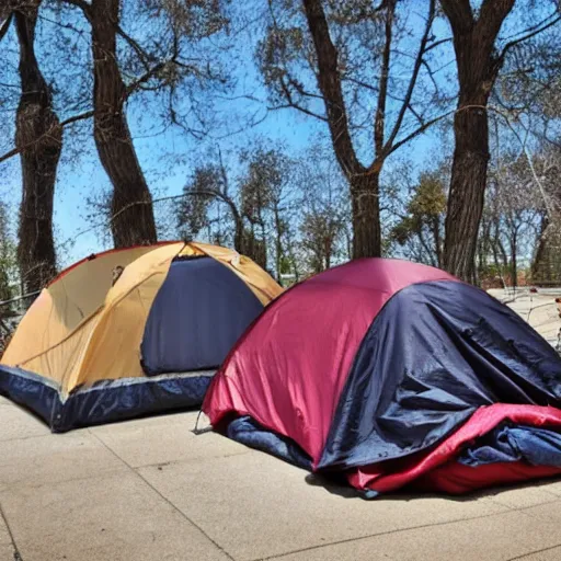 Prompt: homeless person luxury encampment