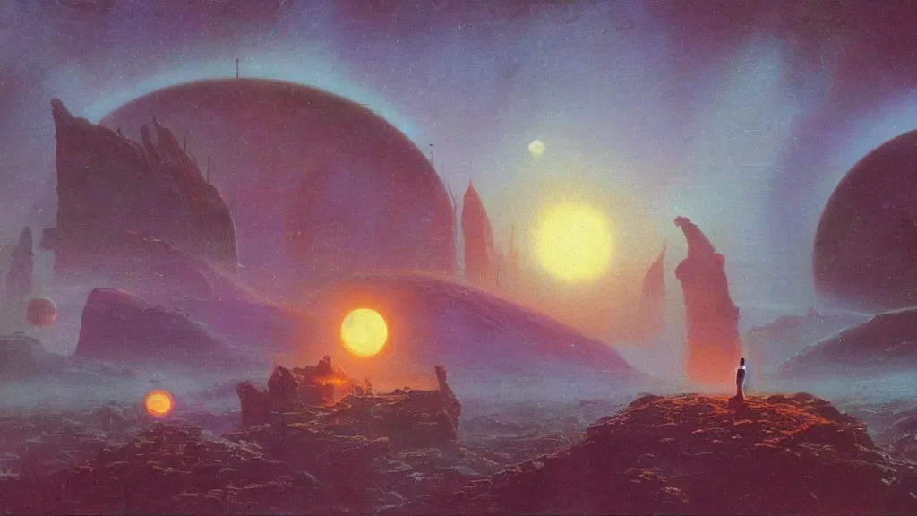 Prompt: otherworldly atmosphere of an evolving alien planet by arthur haas and bruce pennington and paul lehr, cinematic matte painting