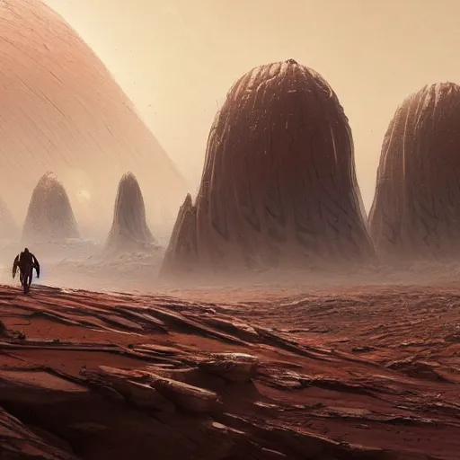 Image similar to highly detailed concept art of walking big residental megastructure with legs on Mars desert trending on Artstation by Daniel Dociu and Greg Rutkowski, high quality, nomadic urbanism, moving city from John Carter, sci-fi, futuristic, architecture