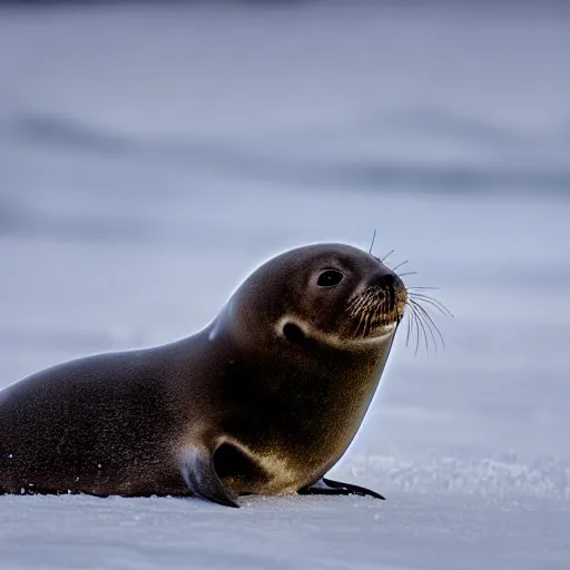 Image similar to Photorealistic photograph of a cute seal pup in snow, photorealism, photorealistic, realism, real, highly detailed, ultra detailed, detailed, cute, emotional, shutter speed 1/1000, 60mm Focal Length, Canon EOS 90D, Wildlife Photographer of the Year, Pulitzer Prize for Photography, 8k