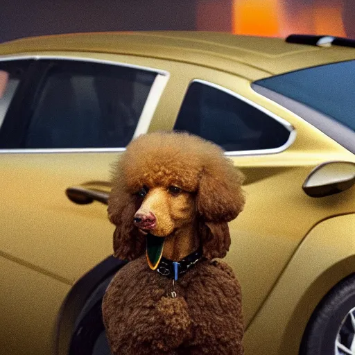 Prompt: a closeup photorealistic photograph of a poodle eating from a glass jar of mustard. toyota prius is in the background. professional capture. brightly lit scene. this 4 k hd image is trending on artstation, featured on behance, well - rendered, extra crisp, features intricate detail, epic composition and the style of unreal engine.