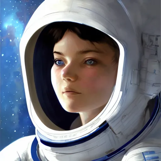 Image similar to portrait of a blue-eyed girl with white hair in a space suit against the background of space, painting by Craig Mullins, octane rendering, soft morning lighting, wide angle lens, in the style of Hayao Miyazaki, trending on artstation,