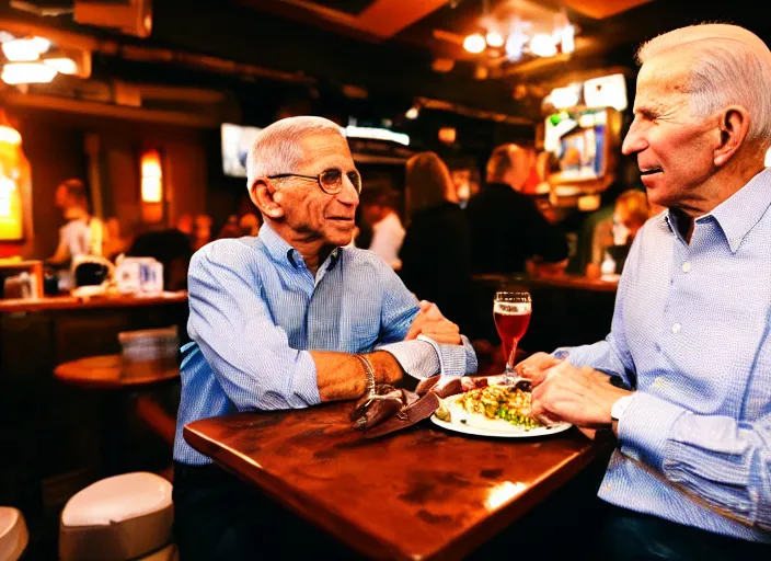 Image similar to Anthony Fauci and Biden having dinner at a Dive bar restaurant, award winning cinematic photography, 50 mm, blurred background, trending on twitter