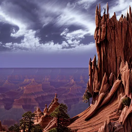 Image similar to dark gothic palace made of rock with tall spires, bristlecone pine trees, grand canyon, ultrawide cinematic 3d render, dark dramatic skies, atmospheric, vultures